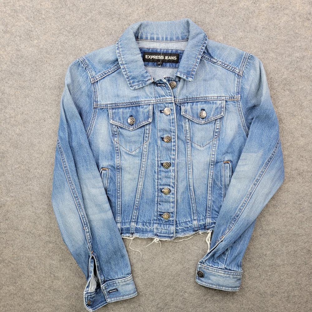 Express Jeans Jacket Womens Small Blue Cropped Raw Hem Trucker Button Front